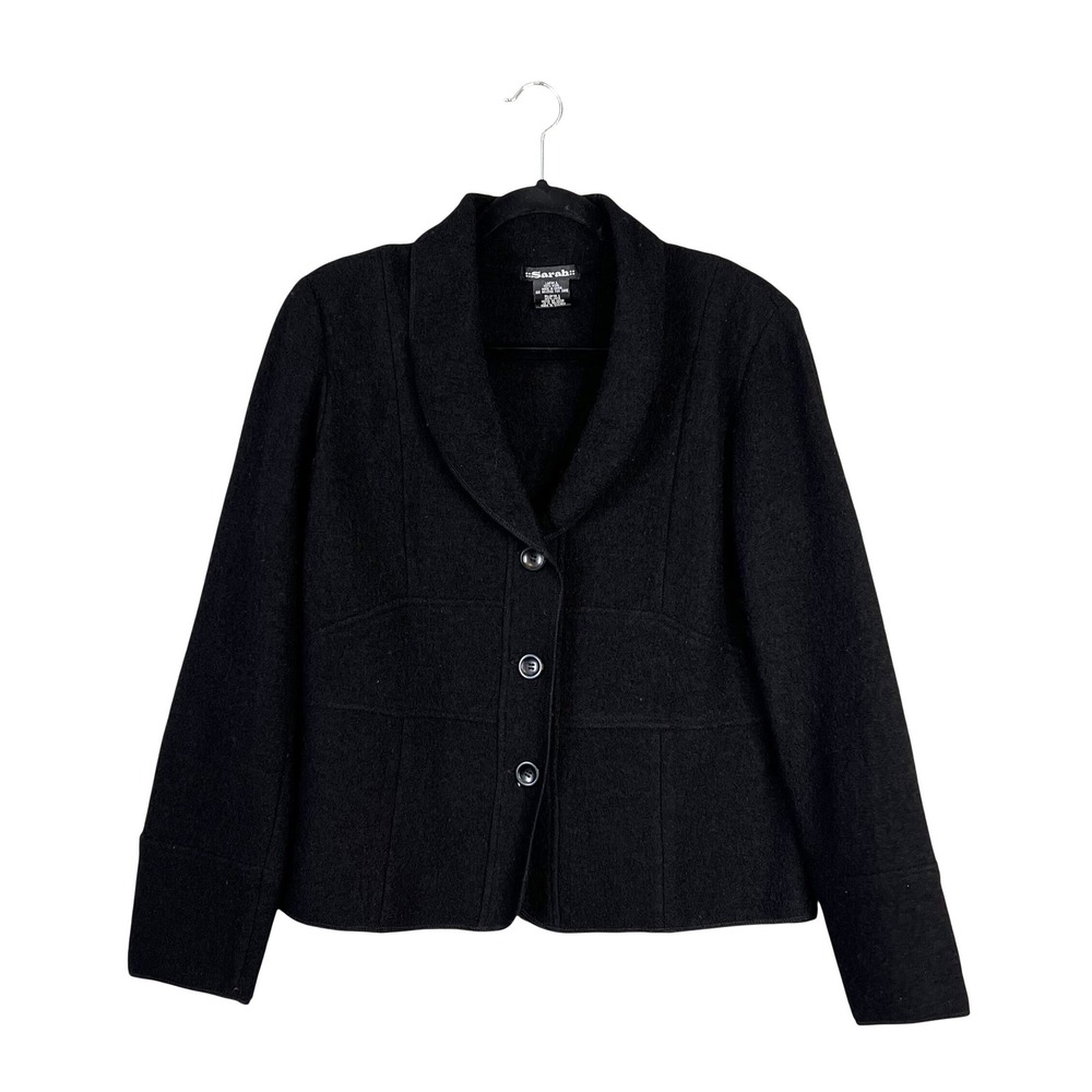 Sarah Vintage Wool Jacket Sz L Shawl Collar Button Front Minimalist Classic